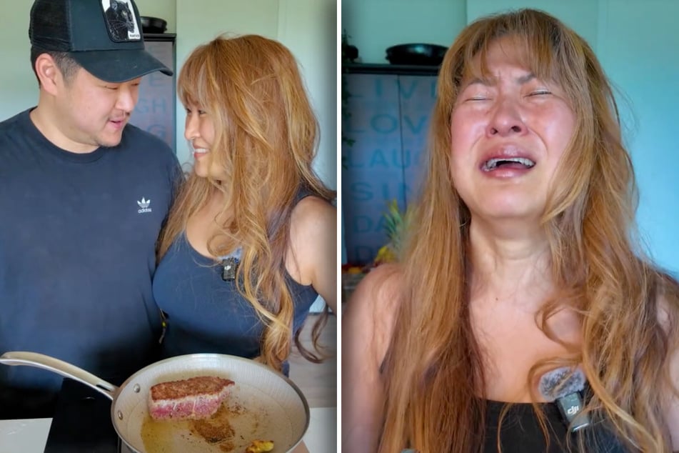 Vor dem ersten Bissen haben Love Soo und ihr Partner noch gut lachen. Doch als die Veganerin das erste Stück isst, bricht sie in Tränen aus.