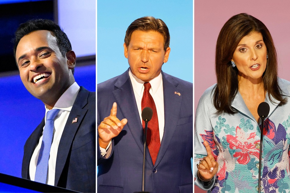 Politicians Vivek Ramaswamy (l.), Ron DeSantis (c.), and Nikki Haley (r.) gave speeches endorsing Donald Trump during day 2 of the convention on Tuesday.