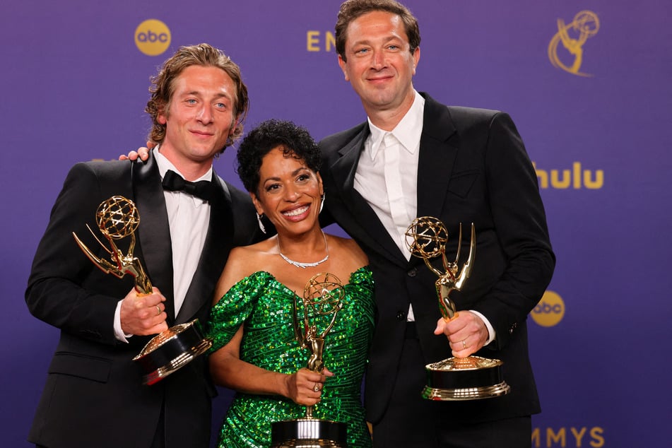 From l. to r.: The Bear stars Jeremy Allen White, Liza Colon-Zayas, and Ebon Moss-Bachrach each won individual awards at the Emmys.