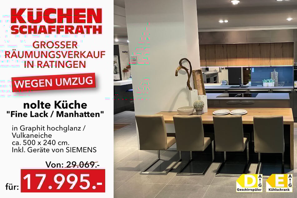 Backofen HS736G1B1, EEK* A+,
Muldenlüfter EX87BNX68E, EEK* B,
Kühlschrank KI86NFE0, EEK* E,
Geschirrspüler SX63HX52BE, EEK* D, Quarz-Spüle