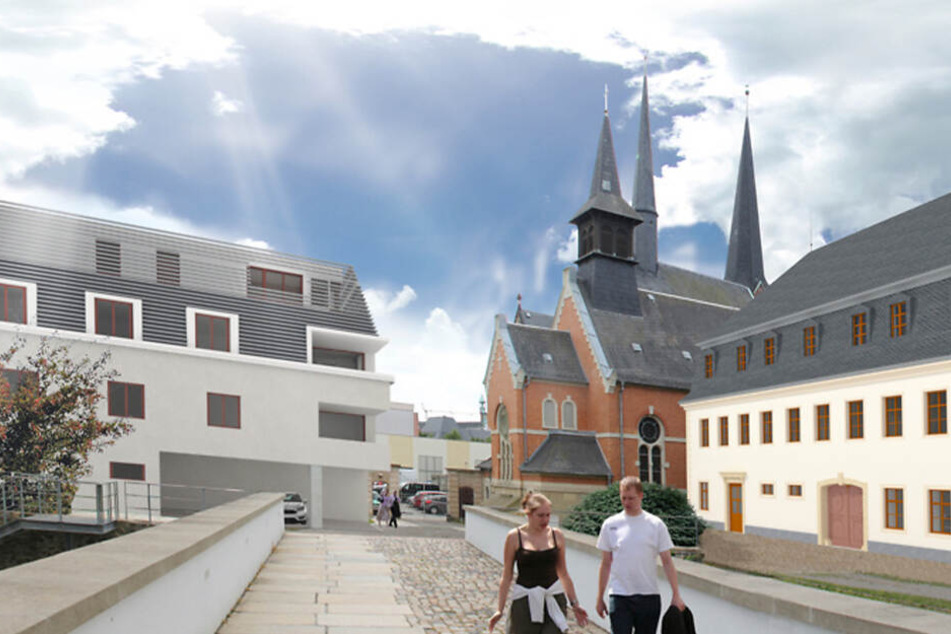 So sollen Magazingebäude (r.) und Torhof (l.) nach der Fertigstellung im Oktober 2020 aussehen.