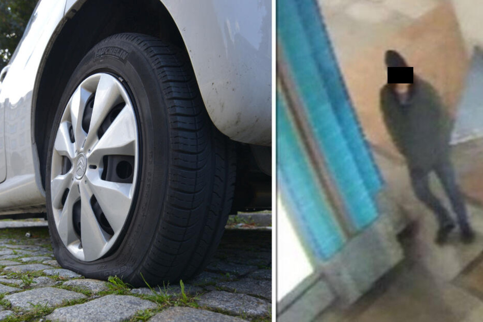 Eine Überwachungskamera filmte den Reifenstecher. Mit diesem Bild (r) fahndete die Polizei nach dem Täter.