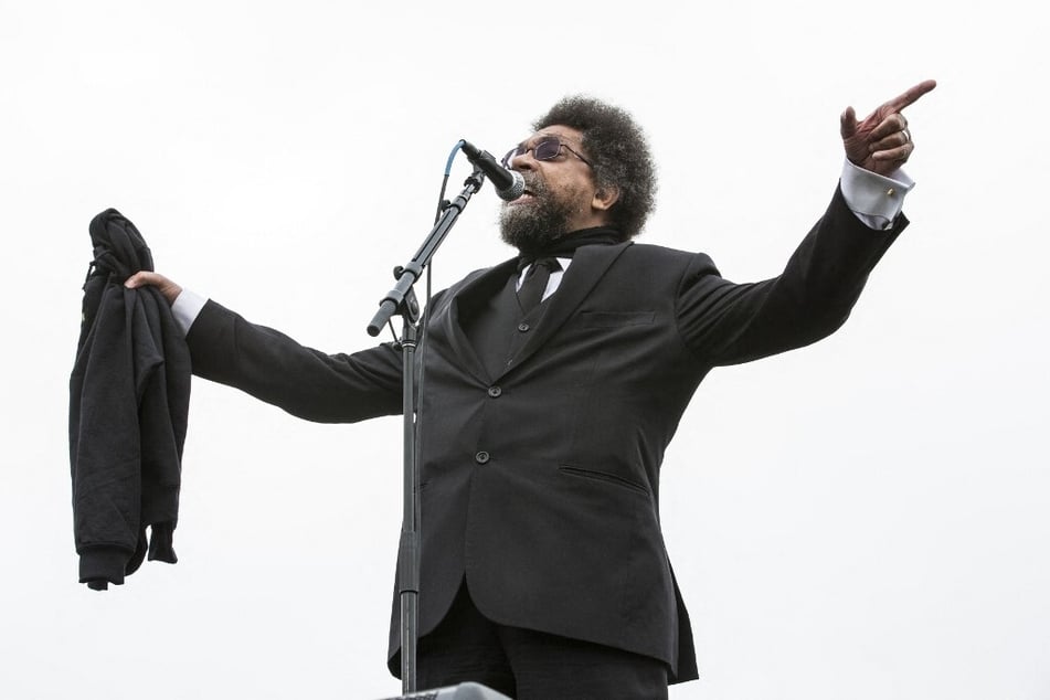 Dr. Cornel West speaks at a 2016 campaign rally held by former Democratic presidential candidate Senator Bernie Sanders in San Francisco, California.