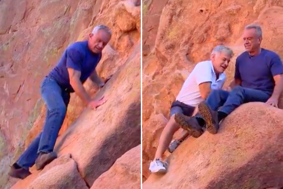 In a recent video, Robert F. Kennedy Jr. (r.) and Dr. Oz awkwardly helped each other climb a mountain while preaching about the health benefits of walking.