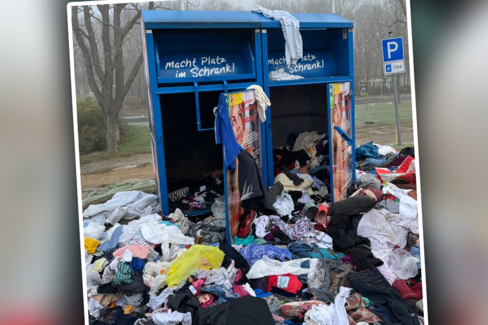 Klamotten überall: Vor den Containern herrschte am Sonntag das pure Chaos.