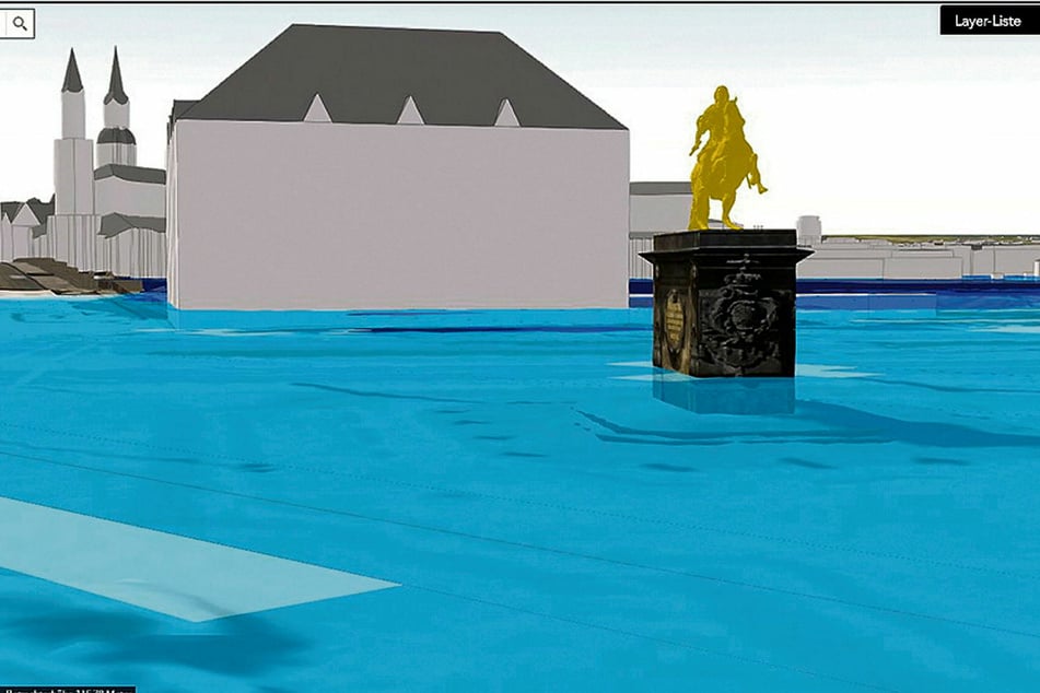 Lässt man sich den höchsten Pegelstand anzeigen, steht der Goldene Reiter im Wasser.
