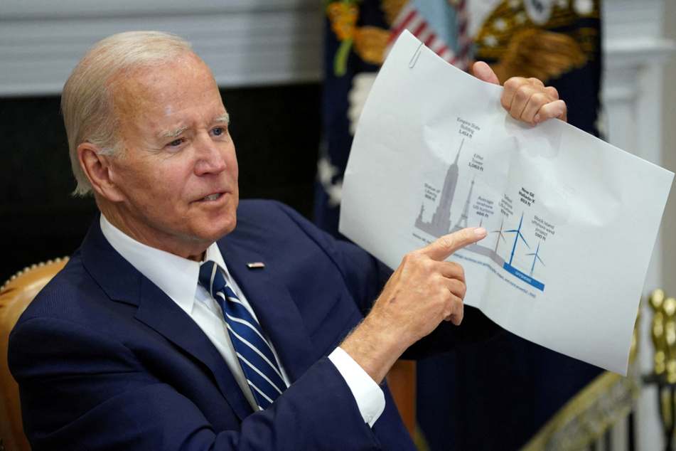 President Joe Biden discussed a wind turbine size comparison chart at a meeting while launching the Federal-State Offshore Wind Implementation Partnership in June.
