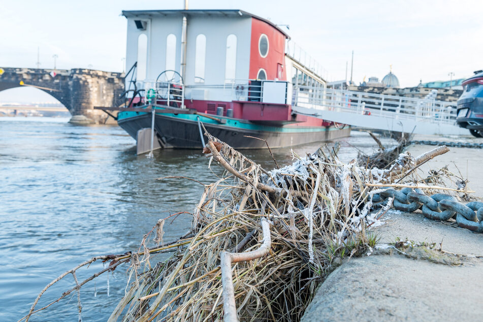 Spuren des Hochwassers finden sich auch am Theaterkahn, direkt am Terrassenufer.