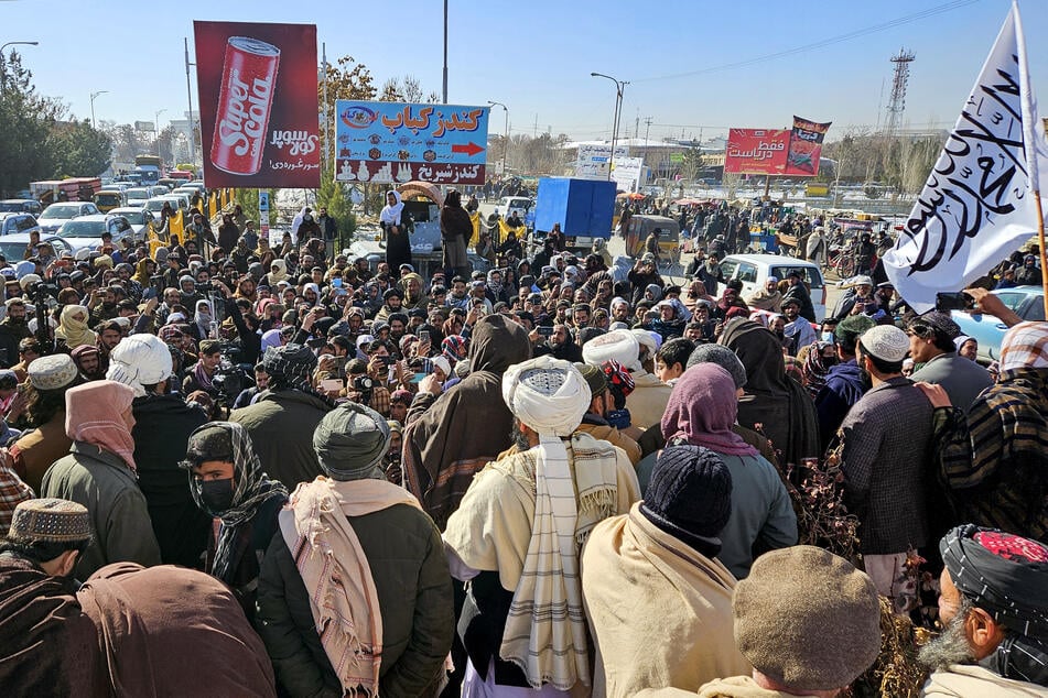 Taliban supporters gather during a protest against the International Criminal Court (ICC) in Ghazni on Monday after an ICC chief prosecutor said he was seeking warrants against senior Taliban leaders in Afghanistan over the persecution of women – a crime against humanity.