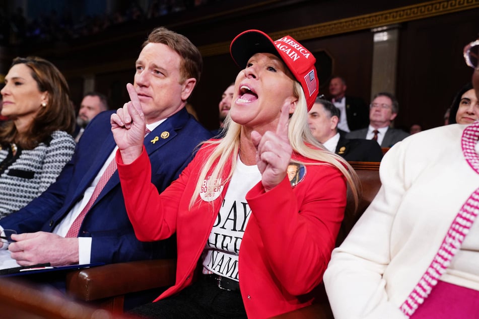 Marjorie Taylor Greene shouting as President Joe Biden as he delivers his State of the Union address in Washington DC on March 7, 2024.