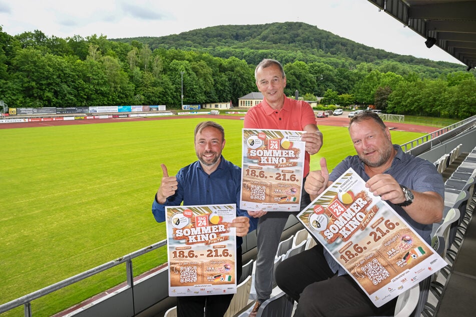 Peter Pfitzenreiter (Erster Bürgermeister Stadt Freital, v.l.), Jörg Schneider (Präsident SCF e. V.) und Andreas Meyer (TAG24) freuen sich auf das Event.
