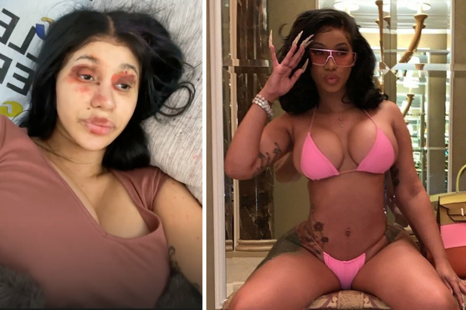 Rapper Cardi B (28) let her daughter do her makeup (l.), taking quite a departure from her usual look (r.) (collage).