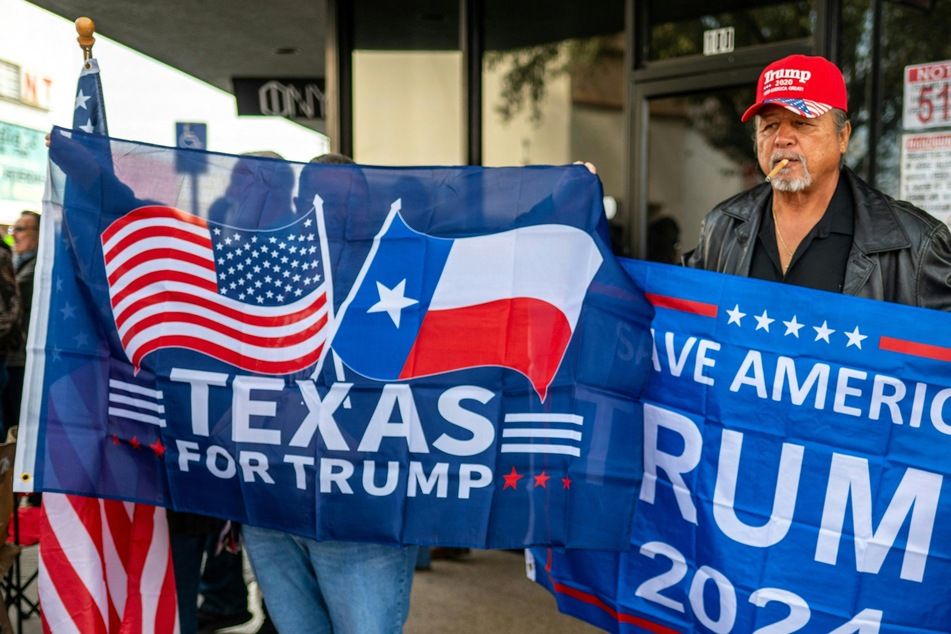 Supporters of former president and 2024 presidential hopeful Donald Trump gather near Shelby Park ahead of his visit to the US-Mexico border, in Eagle Pass, Texas on Thursday.