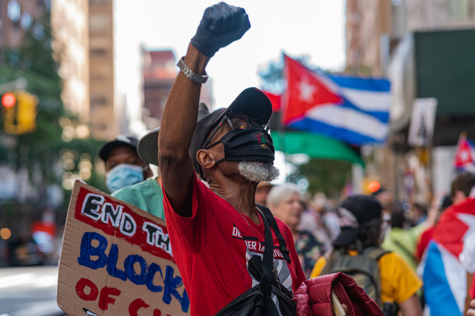 Activists gathered outside the UN building on Wednesday to protest the US embargo against Cuba.