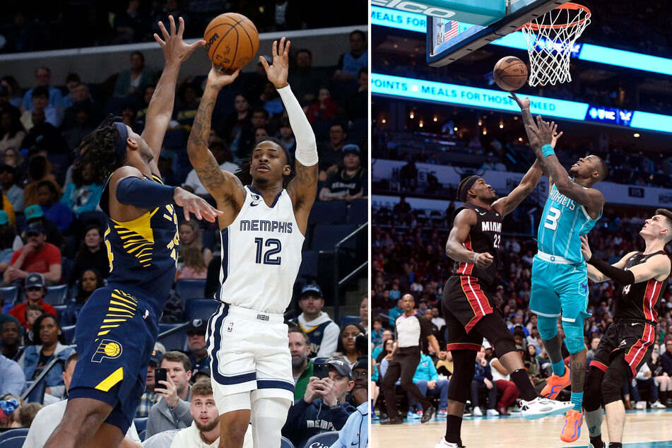 Left: Memphis Grizzlies guard Ja Morant shoots for three during the second half against the Indiana Pacers at FedExForum. Right: Charlotte Hornets guard Terry Rozier scores as he is defended by Miami Heat forward Jimmy Butler and guard Tyler Herro during the second half at the Spectrum Center.