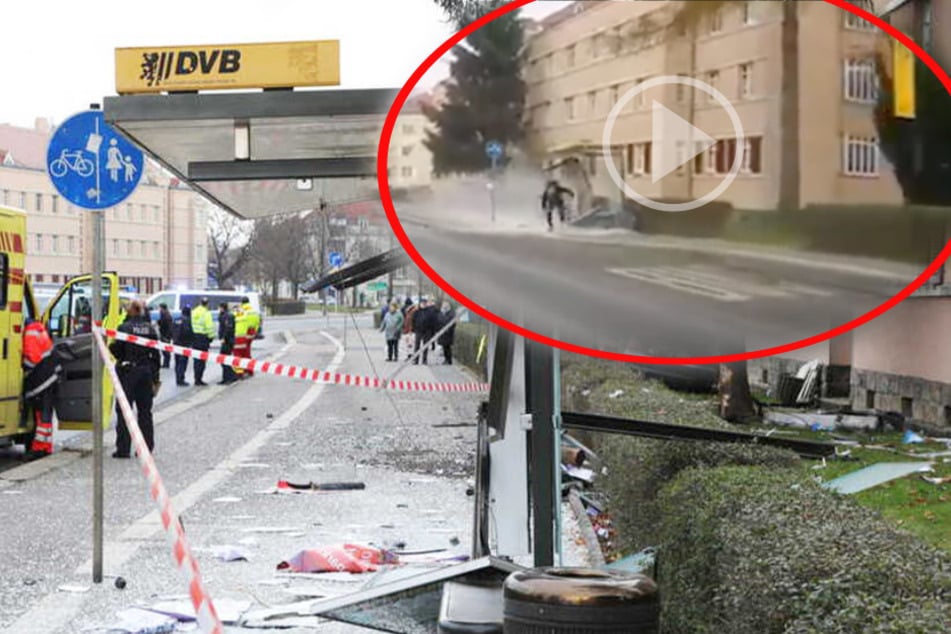 Unfall auf der Teplitzer Straße: Video zeigt, wie der Mercedes in das Wartehäuschen rauscht!