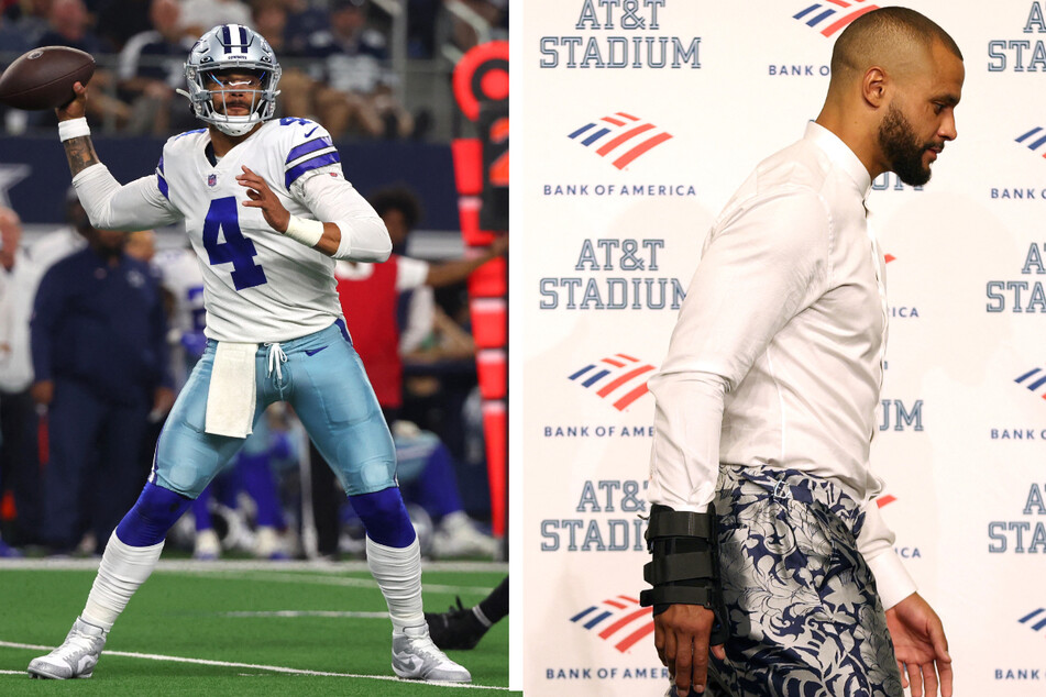 Cowboy quarterback Dak Prescott during (l.) and after the season's opening game on Sunday, where he suffered a fractured thumb.