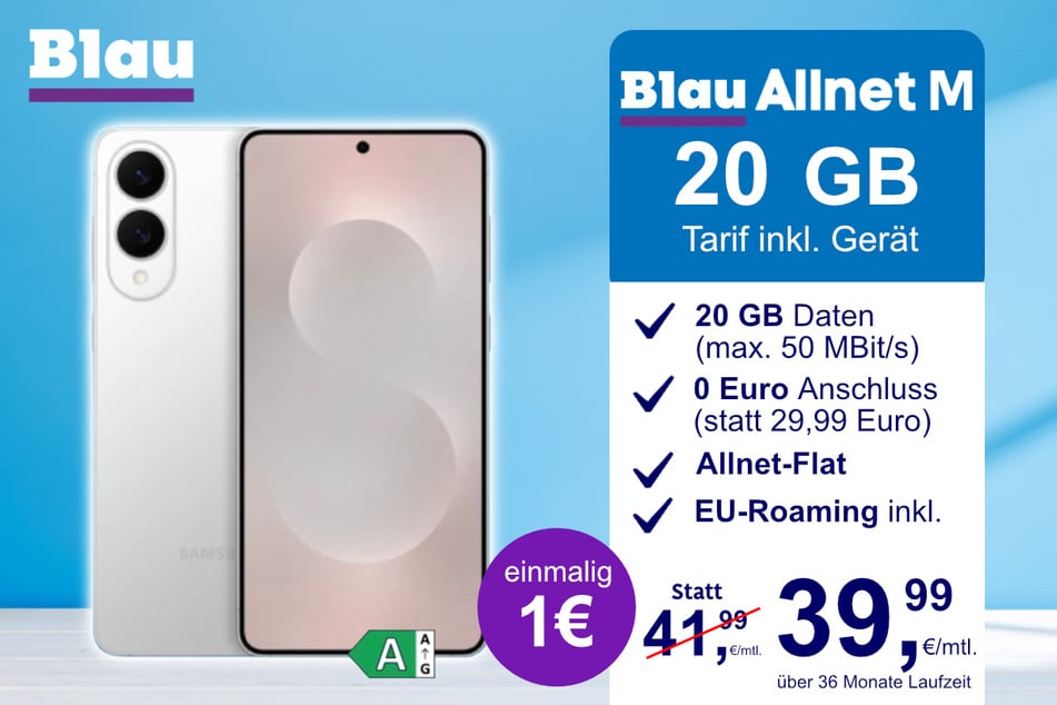 Das Samsung Galaxy S25 Edge im Blau Allnet M für einmalig 1 Euro.