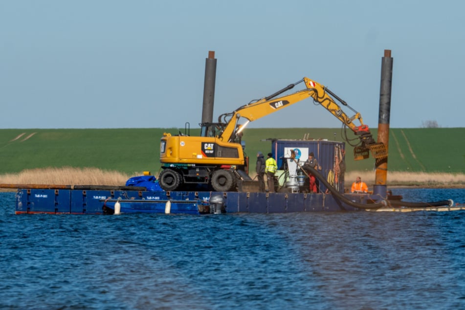 Die schwimmende Plattform samt Saug-Bagger ist mittlerweile wieder in der Nähe des Wals in Stellung gebracht worden.