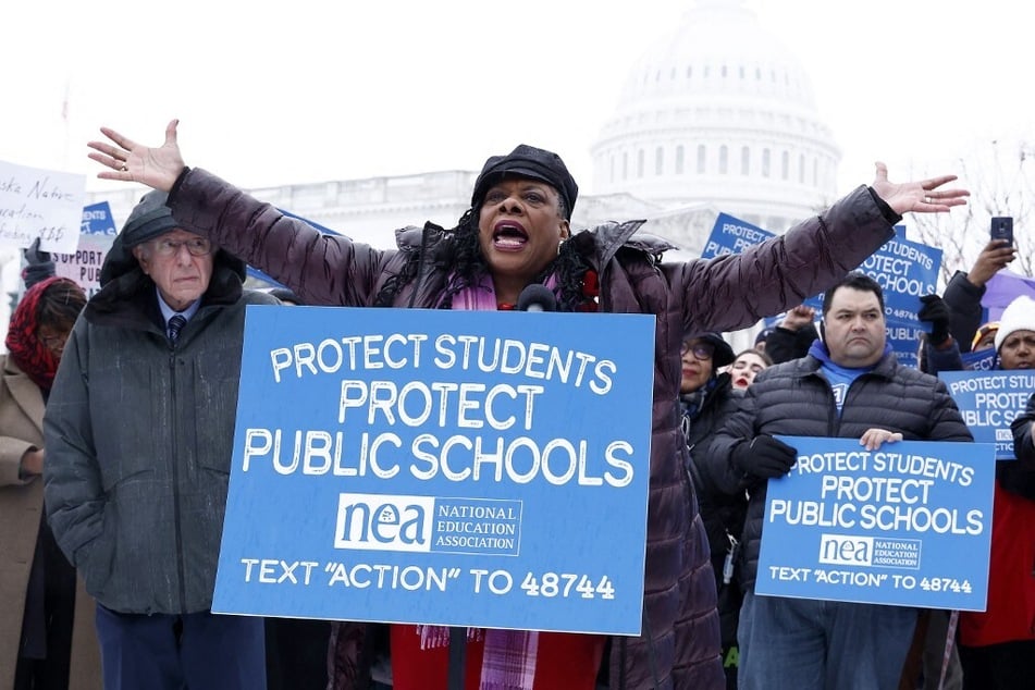 National Education Association President Becky Pringle joins parents, educators, community leaders, and elected officials at a rally outside the US Capitol to defend public education.