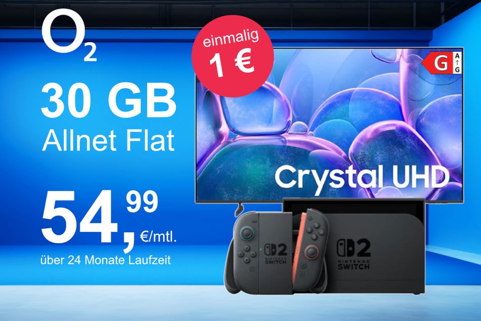 Die Nintendo Switch 2 plus Samsung 50-Zoll Crystal UHD im o2 Mobile M inkl. 30 GB+ für einmalig nur 1 Euro.