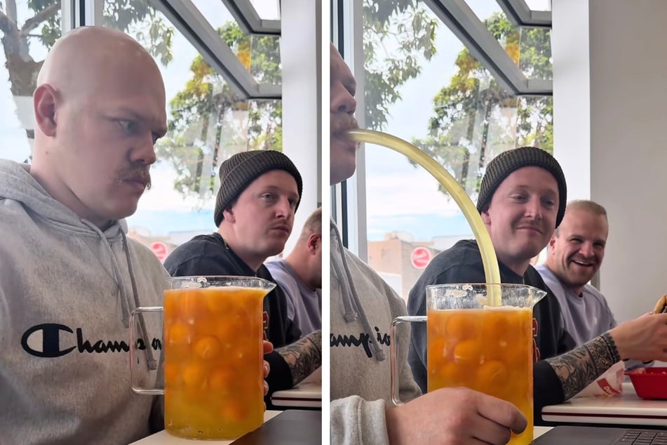 Azlan también suele beber huevos en sus videos mediante una manguera.