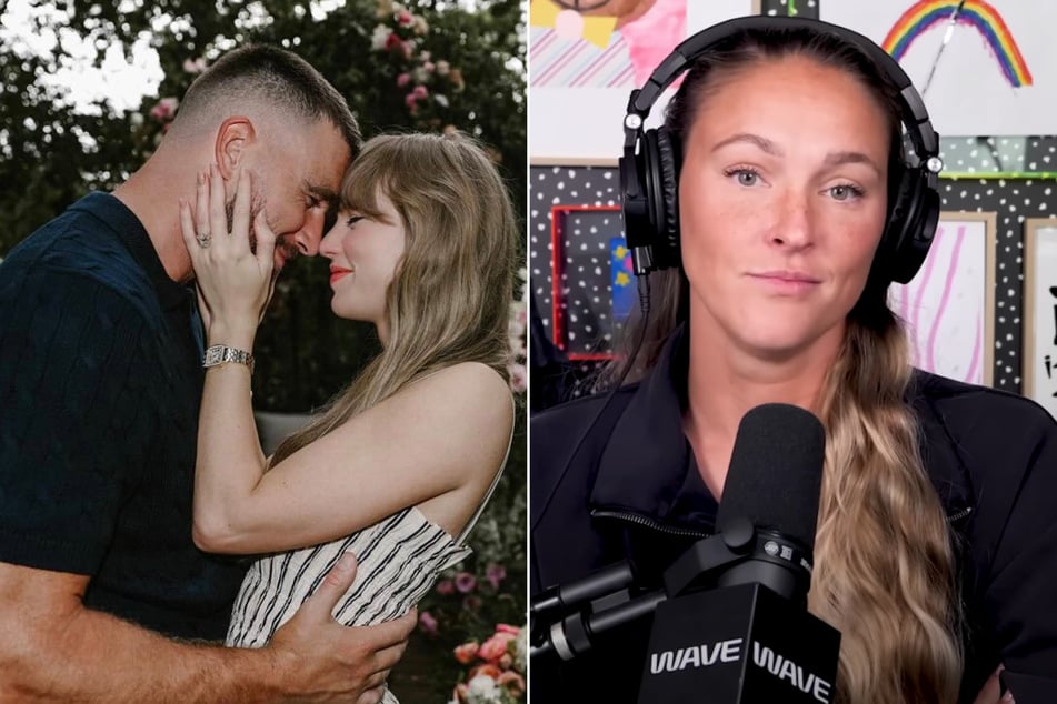 Travis Kelce's sister-in-law Kylie (r.) has revealed why she avoided discussing the NFL star's engagement to Taylor Swift (c.) on her podcast.