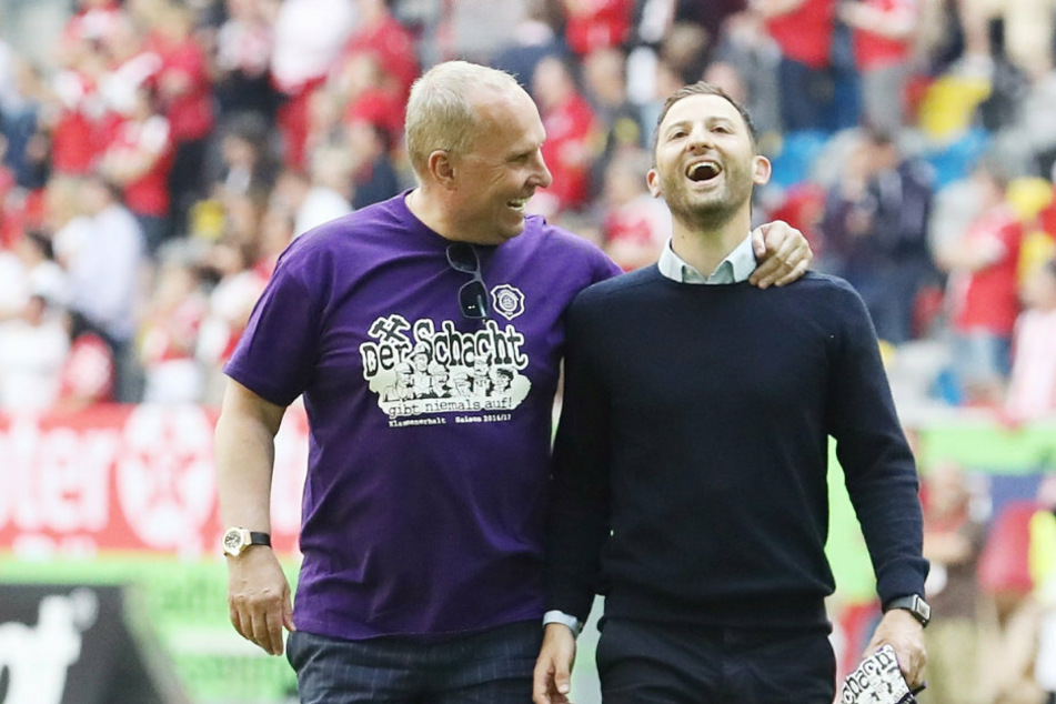 Seit Frühjahr 2017 dicke Freunde: FCE-Boss Helge Leonhardt (l.) und Ex-Trainer Domenico Tedesco, der inzwischen Spartak Moskau trainiert.