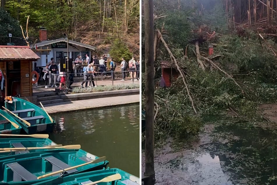 Ein Blick auf den Amselsee zeigt das Ausmaß der Verwüstung: Das erste Bild (links) wurde am Freitagnachmittag aufgenommen, das zweite nur wenige Stunden später.
