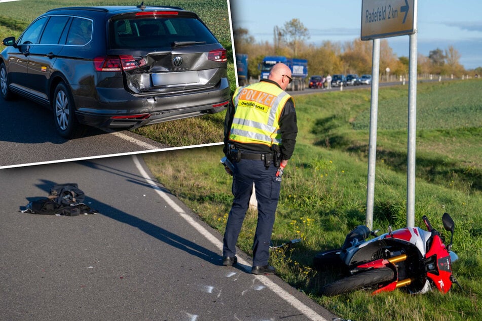Motorrad kracht auf VW: Rettungshubschrauber im Einsatz