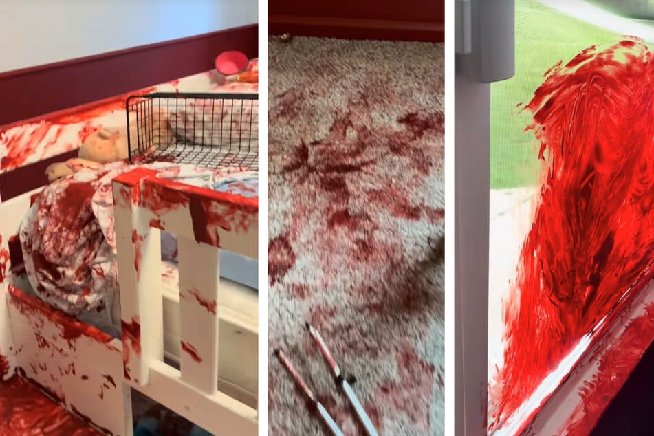 Zwei kleine Kinder hatten sich heimlich rote Wandfarbe geschnappt und damit das Kinderzimmer "verschönert".