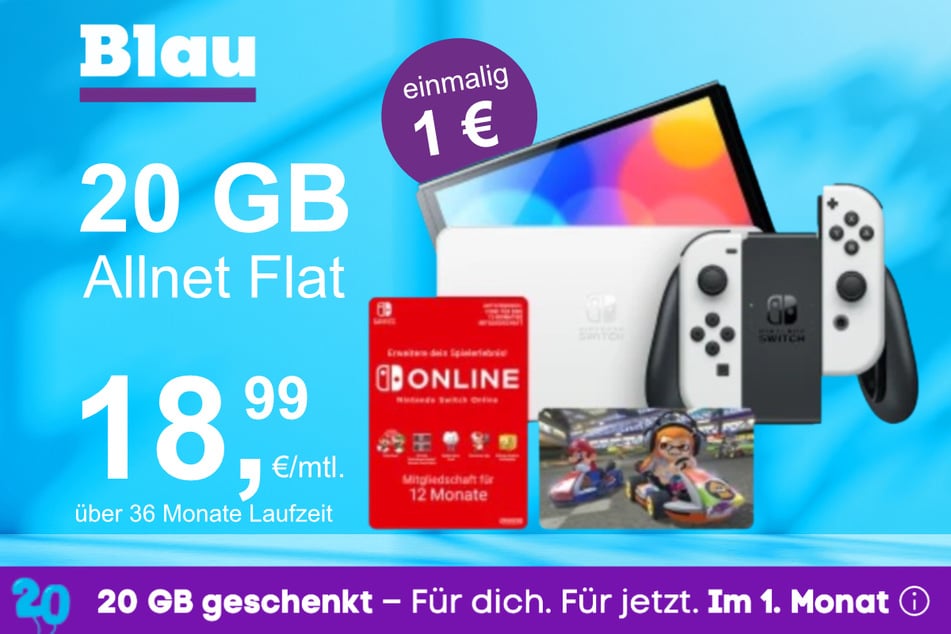 Die Nintendo Switch OLED + Mario Kart 8 im Blau Allnet M inkl. 20 GB für einmalig nur 1 Euro.