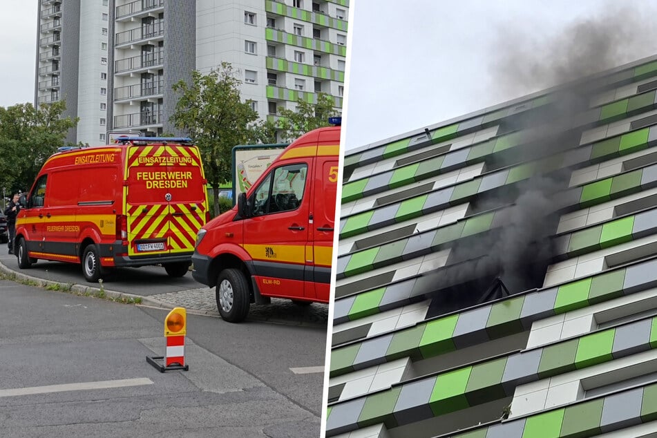 Dresden: Hochhaus-Brand: Feuerwehr kämpft im 13. Obergeschoss gegen Flammen und geplatzte Wasserleitung