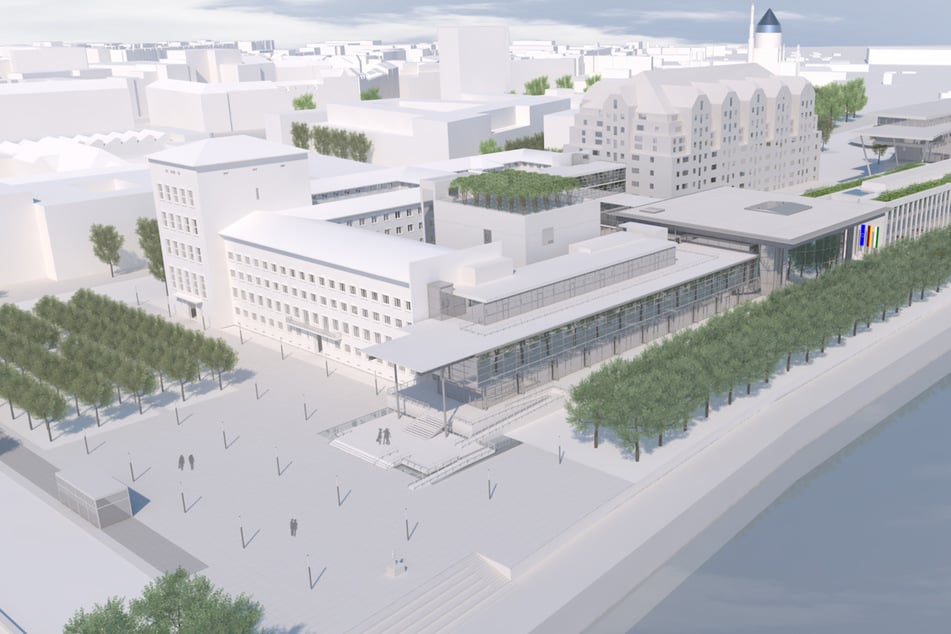 Blick auf den Bernhard-von-Lindenau-Platz und den Landtag mit den geplanten Erweiterungsbauten.