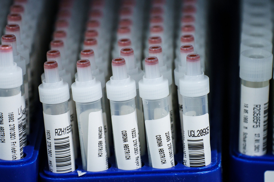 Kunststoffröhrchen mit Corona-Abstrichen stehen nach dem PCR-Test in einem Labor.