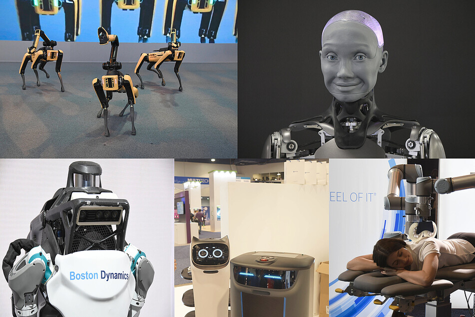 (Clockwise from top left:) Spot, Ameca, a massage robot, Pudu robots, and Atlas all made their debuts at CES 2022.