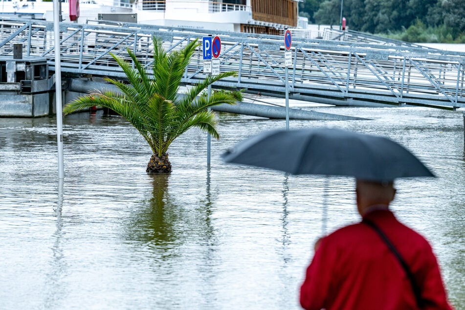 In Passau stehen Uferbereiche der Altstadt im Hochwasser der Donau.