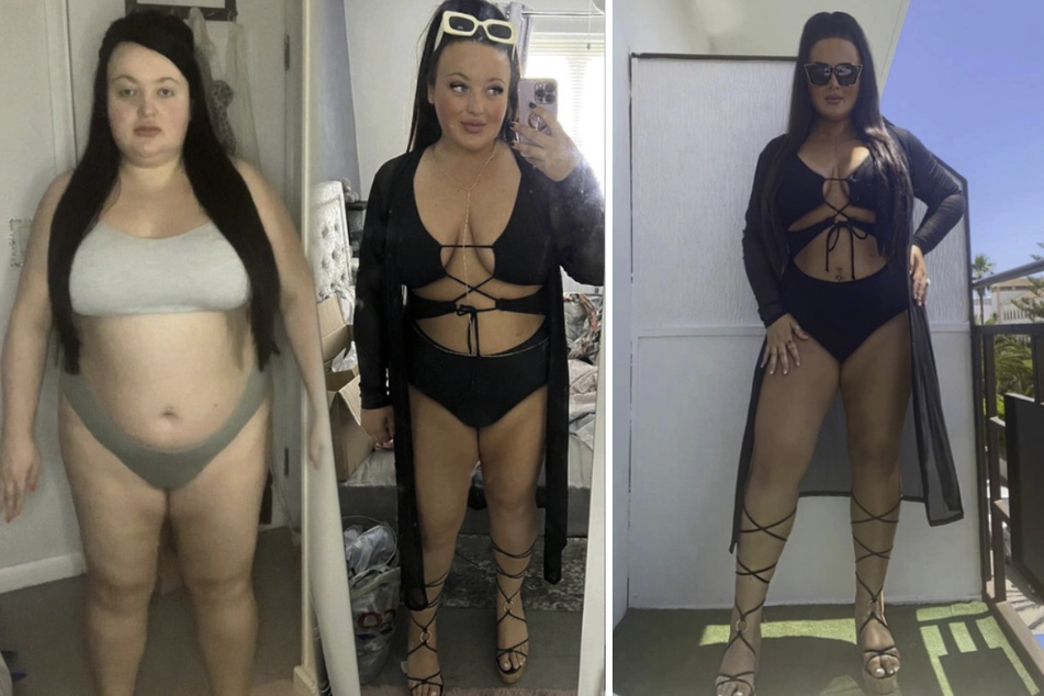 Lauren Linford (30) fühlte sich früher ständig aufgebläht (links). Mittlerweile liebt sie es, ihren Körper zu sehen, wie die beiden anderen Bikini-Fotos zeigen.