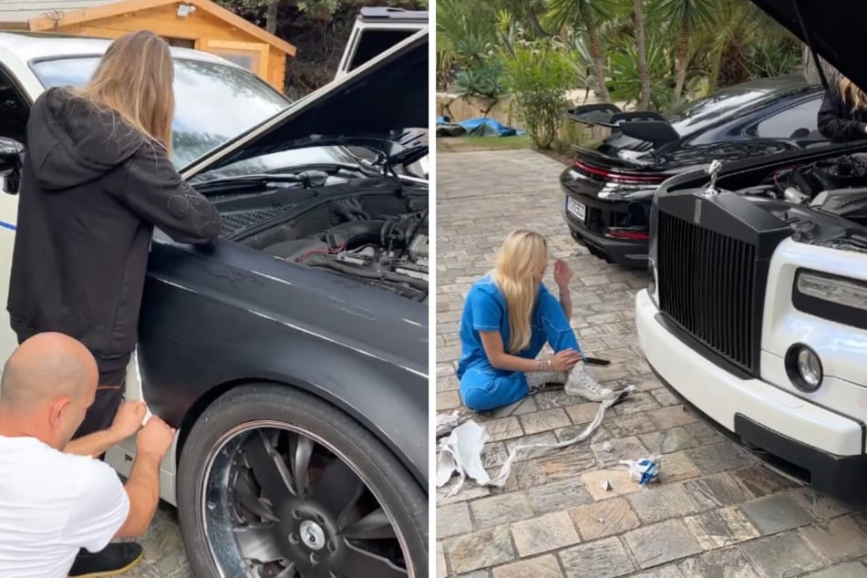 Die Töchter Davina Geiss (19) und Shania Geiss (18) versuchen in mühsamer Kleinarbeit die defekte Folie vom 2015er Rolls-Royce Ghost zu entfernen.