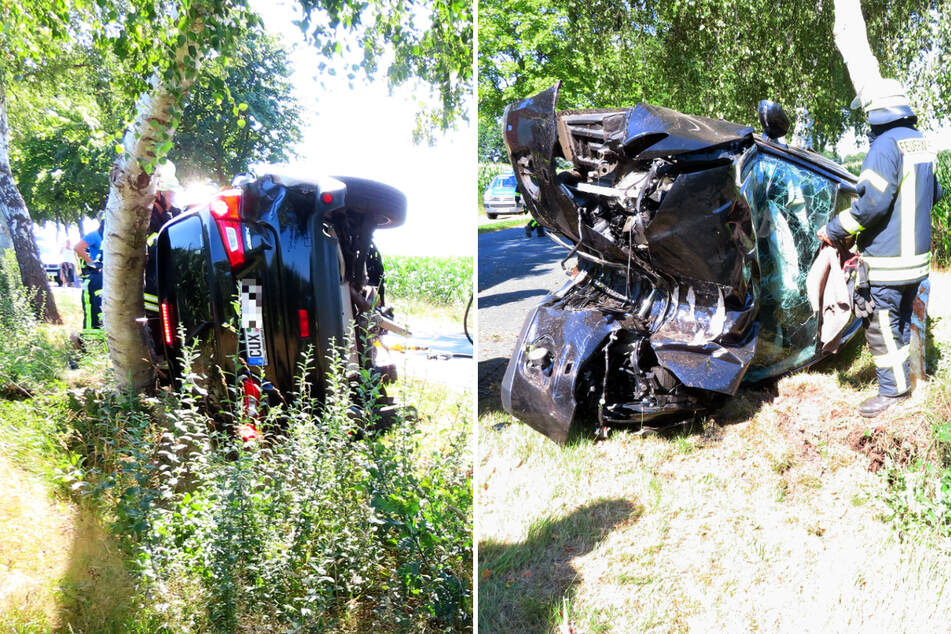 Auto überschlägt sich und kracht gegen Baum: Fahrer (58) und Beifahrer (19) schwer verletzt