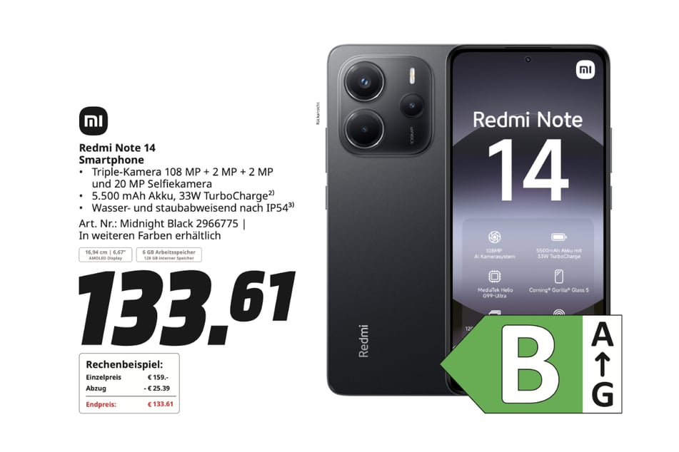 Xiaomi-Smartphone Redmi Note 14 für 133,61 Euro.