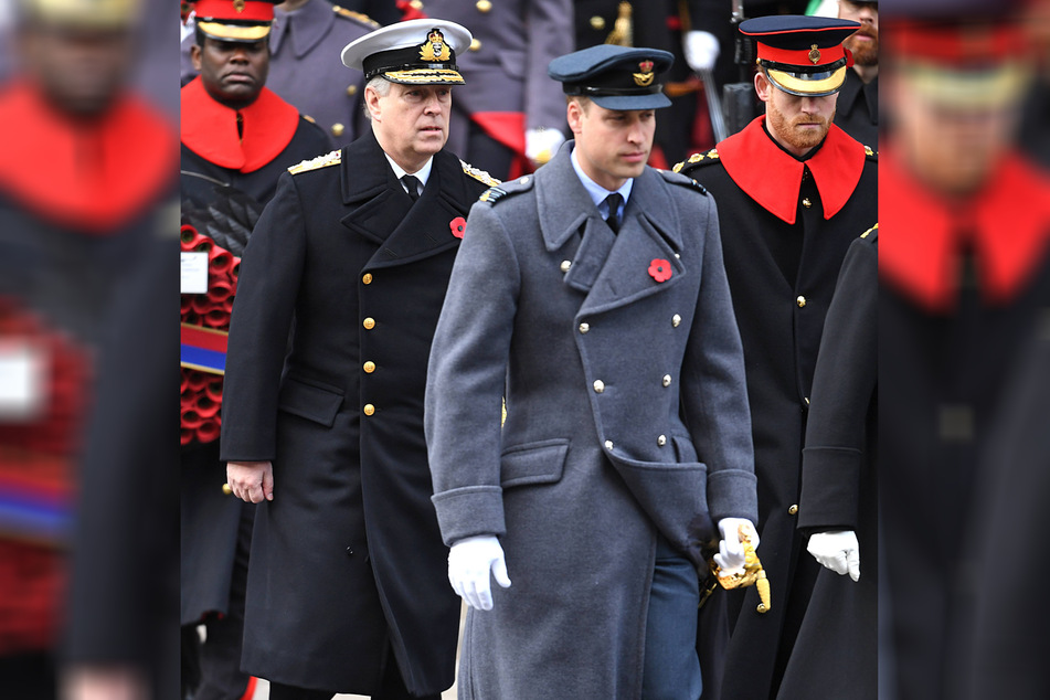 Prince Harry (r.) may be the only royal at Prince Philip's funeral not in uniform, as he relinquished his military honors when he stepped down from royal duties in February. Prince William (c.), Prince Andrew (l.)