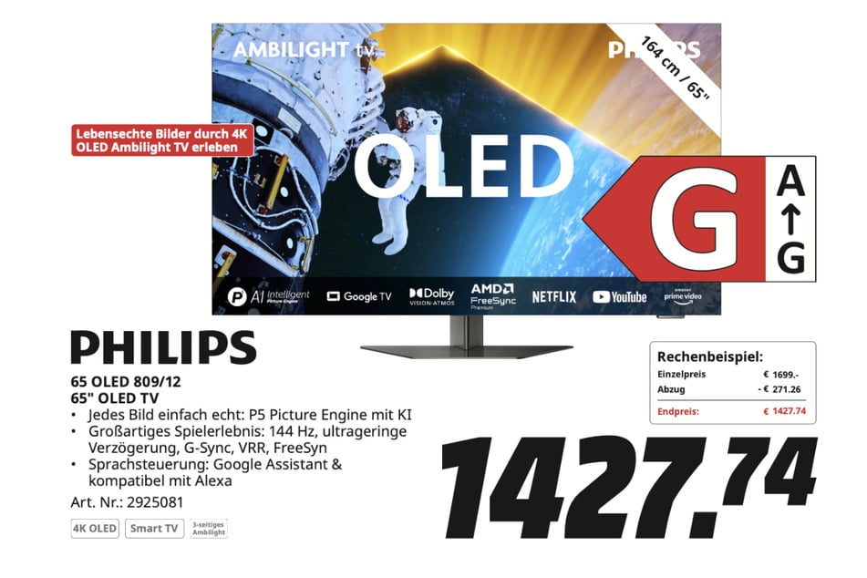 Philips-Fernseher 65OLED809/12 für 1.427,14 Euro.