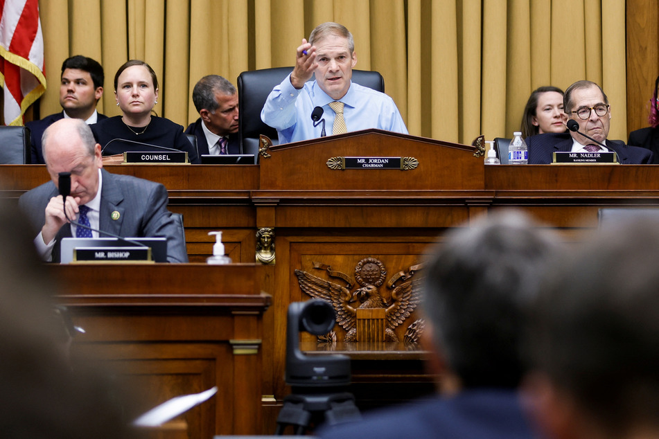 Republicans, led by far-right House Judiciary Committee Chair Jim Jordan (c.), accused Wray and the FBI of censorship and spying.