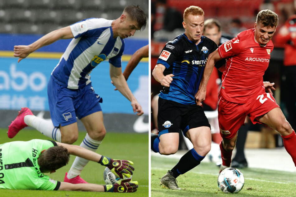 Hertha Krzysztof Piatek (l) umkurvt Leverkusen Lukas Hradecky. Unions Grischa Prömel (r) im Zweikampf mit Paderborns Sebastian Vasiliadis.