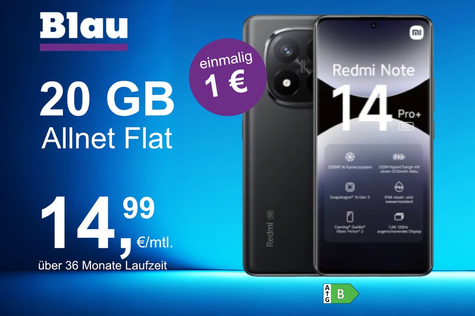 Das Xiaomi Redmi Note 14 Pro Plus im Blau Allnet M für einmalig 1 Euro.
