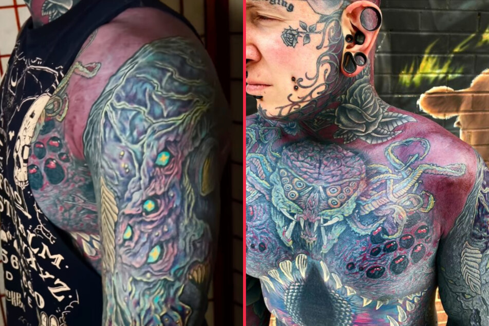 Remy has an extraordinary set of tattoos, many of which are inked over black.