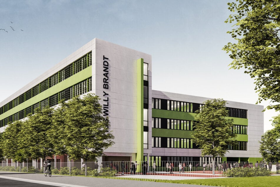 So soll im Sommer 2027 die neue Integrierte Gesamtschule "Willy Brandt" am Uniplatz aussehen.