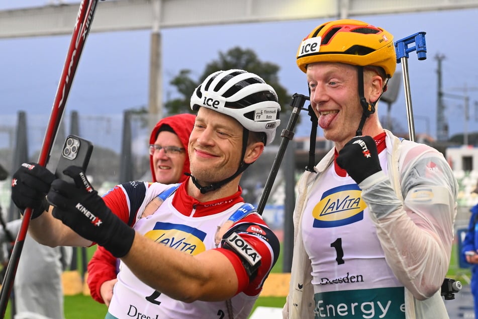 2024 nahmen Tarjei (37, l.) und Johannes Thingnes Bø noch als aktive Athleten am City Biathlon in Dresden teil, dieses Jahr bestreiten sie das Legendenrennen.