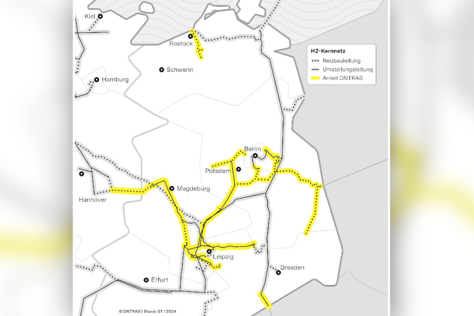 So soll das Wasserstoff-Kernnetz in Sachsen aussehen: geplante Fertigstellung 2032.